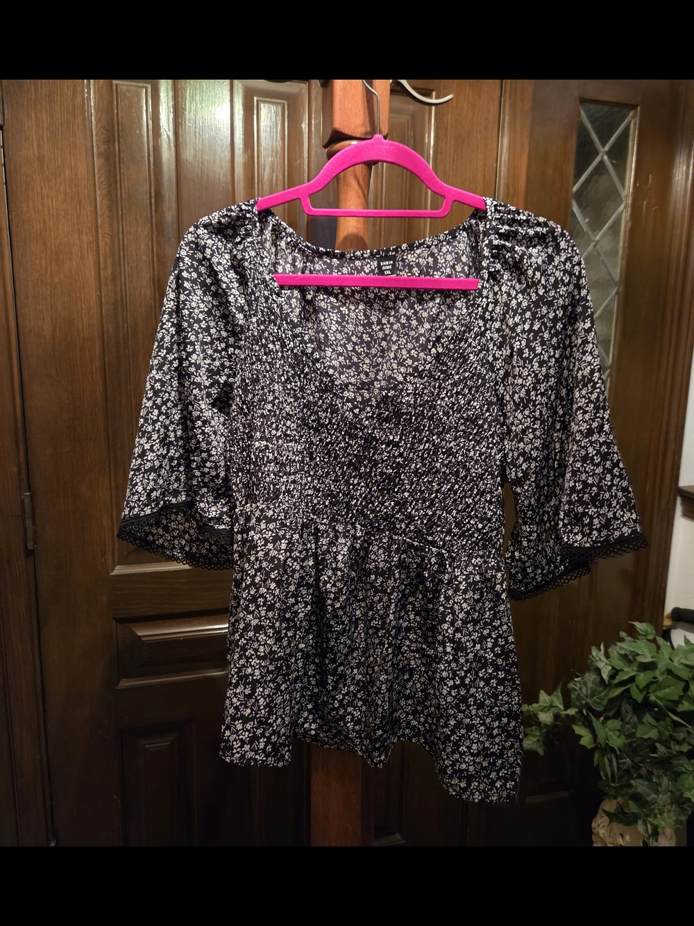 SHEIN Black Floral Smocked Peplum Blouse